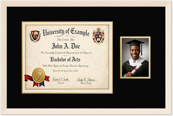 CountryArtHouse Fits 15 x 12 Military/Government and 5 x 7 Photo Diploma and Photo Frame Coastal Whitewash Genuine Hardwood with Black Over Metallic Gold Double mat