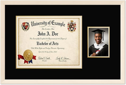 CountryArtHouse Fits 15 x 12 Military/Government and 5 x 7 Photo Diploma and Photo Frame Coastal Whitewash Genuine Hardwood with Black Over Metallic Gold Double mat