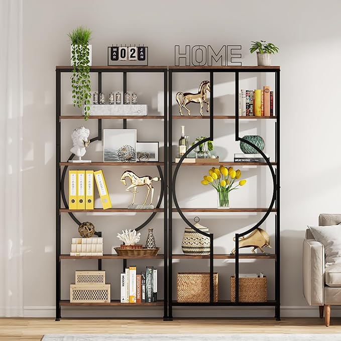 Tribesigns 70.9 Inch Industrial Bookshelf, 6-Tier Tall Etagere Bookcase with Open Shelves, Metal Decorative Book Shelf Storage Shelving Unit for Living Room and Home Office, Rustic Brown