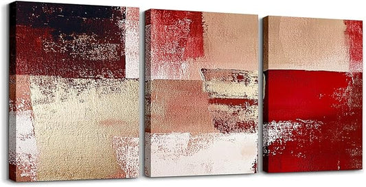 jejeloiu 12"x16"x3pcs Abstract Oil Painting Office Decorations Artwork Posters Abstract Art 3 Piece Canvas Wall Art for Living Room Bedroom Red Modern Picture Wall Decor