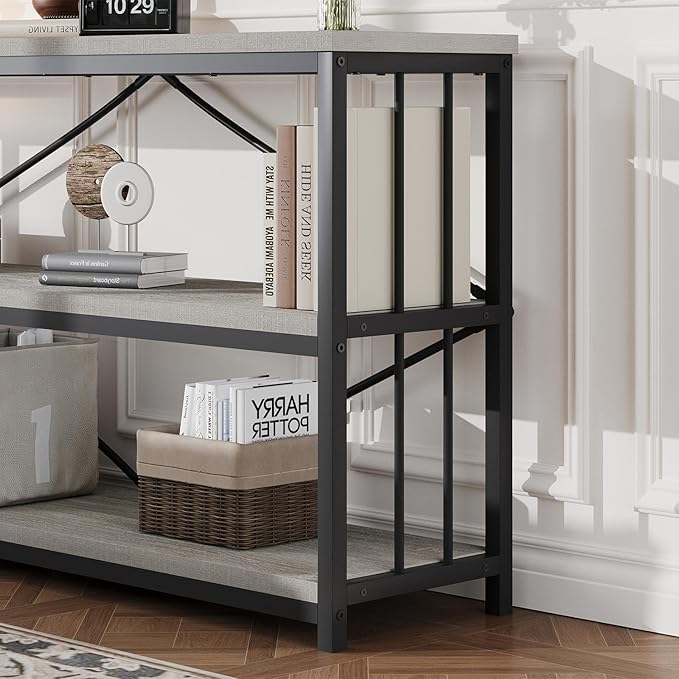 HSH Low Bookshelf, Wood Metal 3 Tier Long Horizontal Bookcase, Large Open Etagere Bookshelves with Storage for Bedroom, Farmhouse Wide Book Shelf for Home Office Living Room, Light Grey Oak, 70 Inch