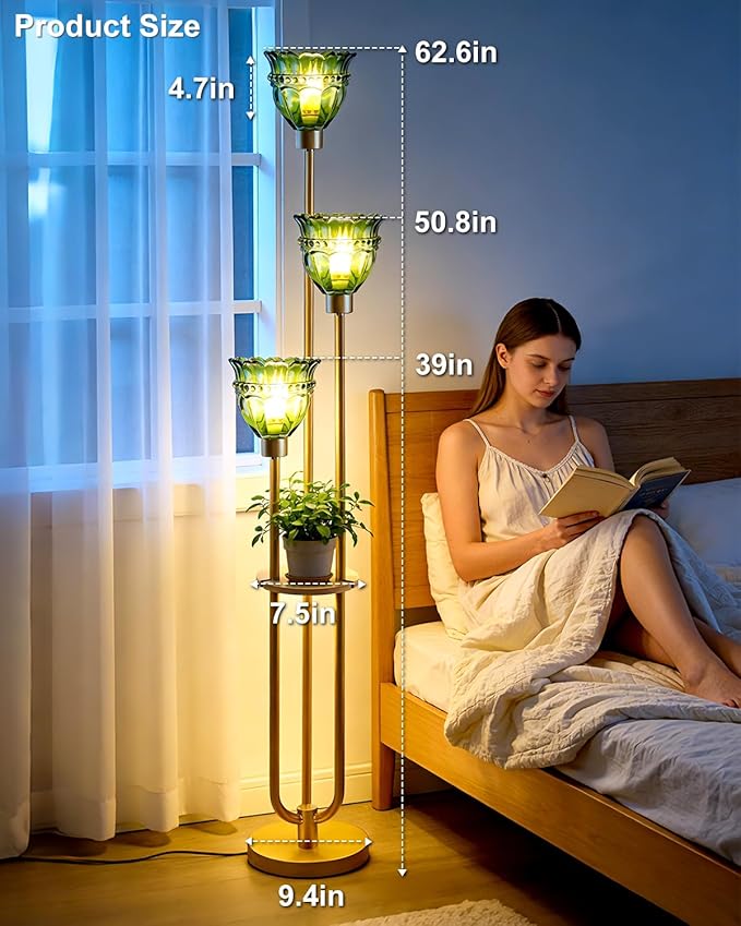 Lightdot 3-Lights Glass Floor Lamp for Living Room Mid Century Modern Gold Floor Lamp with Green Glass Shade & 3000K Bulbs Included Tall Standing Lamp for Bedroom/Sofa Beside/Corner Decor