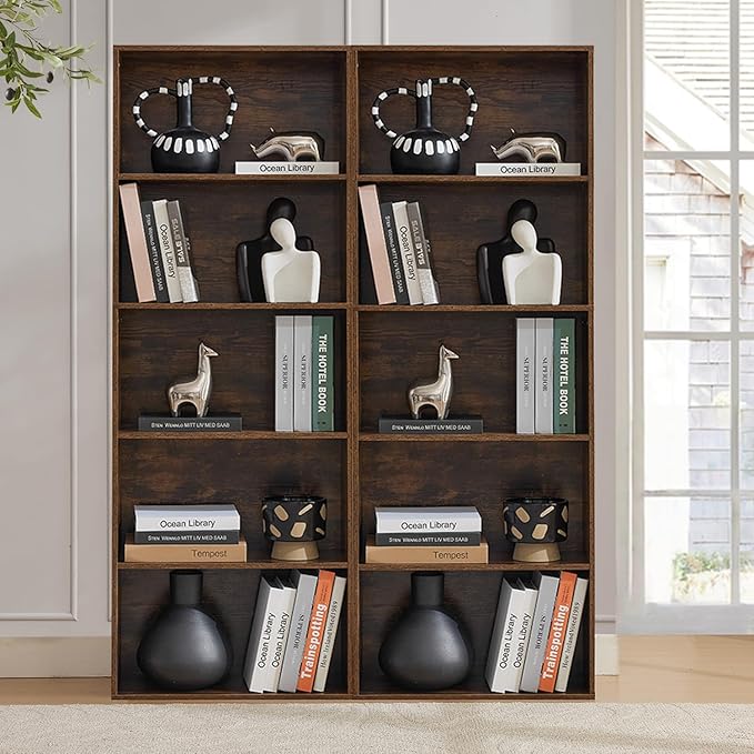 Tall Bookshelves with Cabinet, Office Storage Cabinets and Bookshelf, 5-Tier Wooden Bookcase with Storage, Floor Standing Display Cabinet Shelves for Living Room, Home Office, Brown