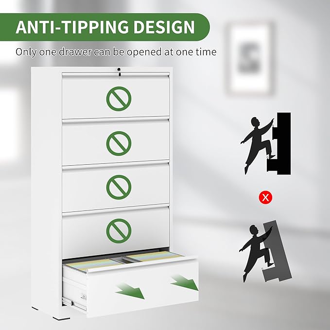 5 Drawer File Cabinet,Metal Lateral Filing Cabinet with Lock,Home Office Storage Organizer Cabinet for Legal/Letter/A4/F4 Size Files,35.5" W,White