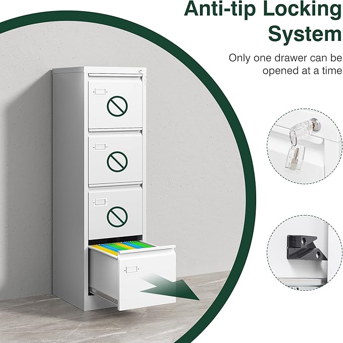 STANI Metal Vertical File Cabinet with Lock，Narrow Filing Cabinets Hanging Files Letter/Legal/A4 Size, Metal Storage Cabinet for Home Office, Assembly Required (White, 4-Drawer)