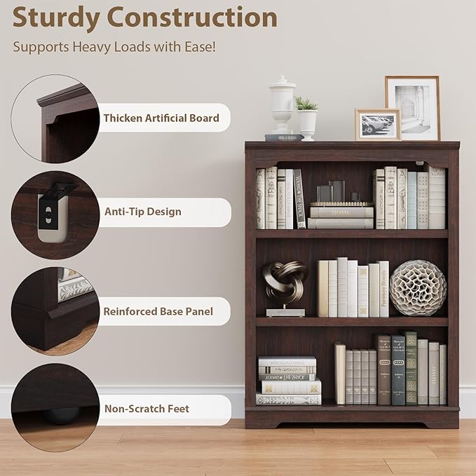 HIFYOBRO 3 Tier Bookshelf, 31.5" Wide Wooden Book Shelf, 42" Tall Bookcase, Freestanding Open Display Storage Bookshelves for Study Room, Home Office, Living Room(Cherry)