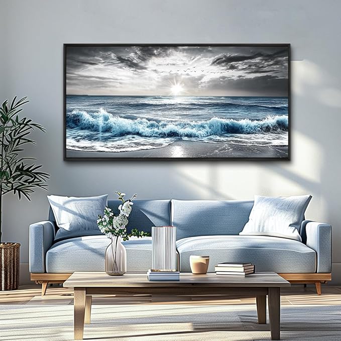 KELIYUAN Large Canvas Wall Art For Living Room Wall Decor For Bedroom Office Decorations Beach Wave Scenery Pictures Artwork For Modern Stretched and Framed Beach Posters Home Decoration 30"X60"