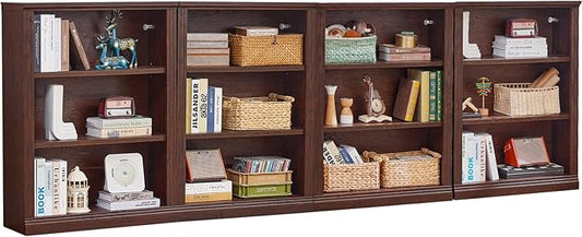 43" Walnut Tall Bookshelf Set of 4,3-Tier Thick Wooden Book Shelf with Adjustable Shelves,Free Standing Farmhouse Bookcase with Open Display Storage,Floor Vintage Bookshelves for Living Room