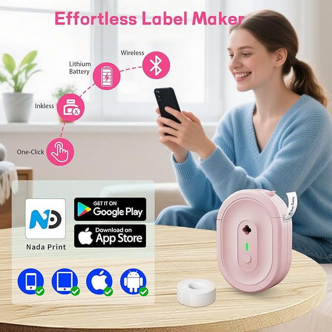 Label Maker Machine with Tape, Small Portable Bluetooth Label Printer, Handheld Mini Labeler for Home, Kitchen, Office, Waterproof Label Makers for Labeling, Gift, Kids School Items, Pink