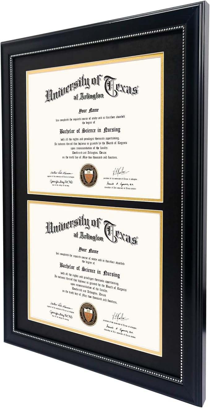 GraduationMall 14x20 Double Diploma Frame, Display 8.5x11 Certificate with Black over Gold Mat,Tempered Glass,Black with Silver Beads