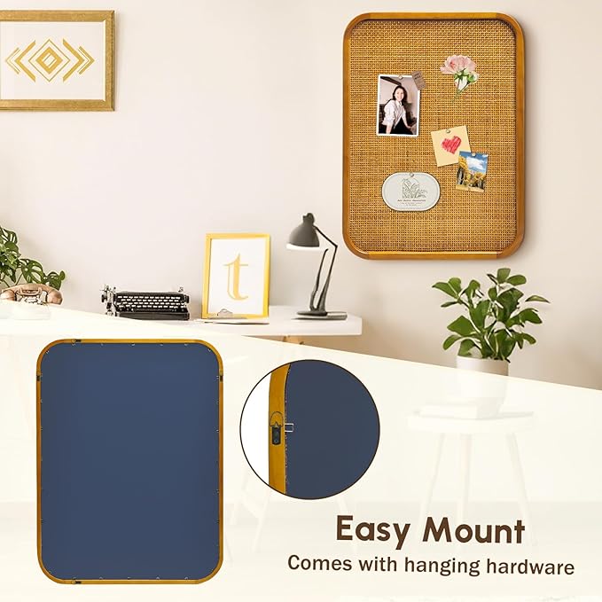 20" x 30" Bulletin Board, Round-Edged Rectangle Cork Board，Wooden Frame with Boho Style Rattan Wall Organizer,5075Teng