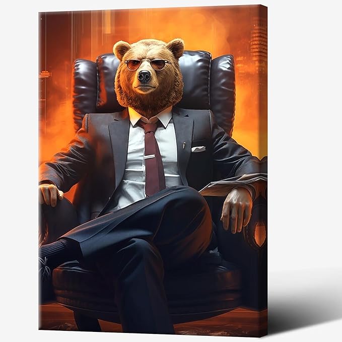 Trendy Suit Animal Bear Portrait Wall Art Funny Boss Bear Canvas Posters Work Struggle Motivation Inspiring Prints Painting For Office Living Room Wall Decor 12x16in Framed