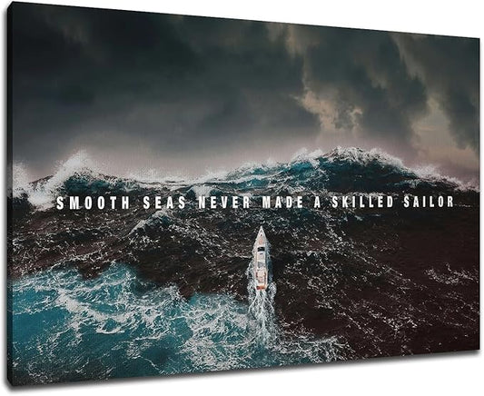 PSYYSP Inspirational Wall Art Canvas Poster Success Smooth Seas Painting Art Positive Motto Office Quotes Picture Print for Home Teen Bedroom Wall Decor Wooden Framed Ready to Hang [18''Wx12''H]