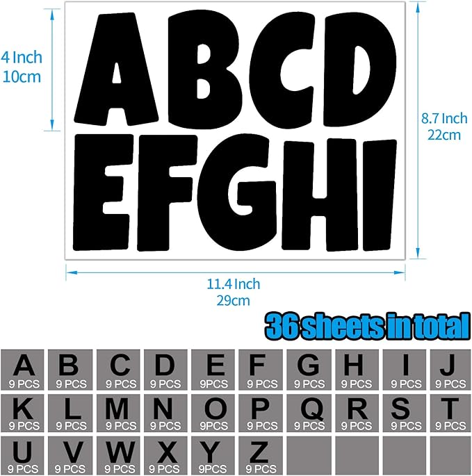 Bemeol Letter Stickers 351 Pieces 4 Inch Bulletin Board Letters Alphabet Cutout Letter for Bulletin Board Display Home Classroom School Decor(Black)