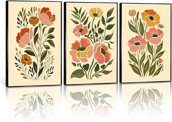 SFXYRTAH 3Pcs Boho Floral Wall Art Abstract Botanical Flower Canvas Prints Minimalist Plant Posters Printing Artwork for Living Room Bedroom Office Home Decor Unframed (16x24in posters)