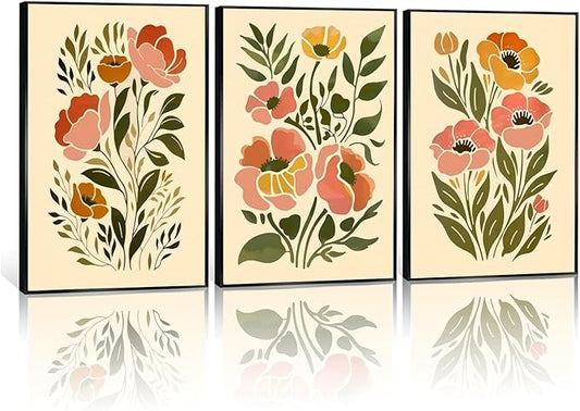 SFXYRTAH 3Pcs Boho Floral Wall Art Abstract Botanical Flower Canvas Prints Minimalist Plant Posters Printing Artwork for Living Room Bedroom Office Home Decor Unframed (16x24in posters)