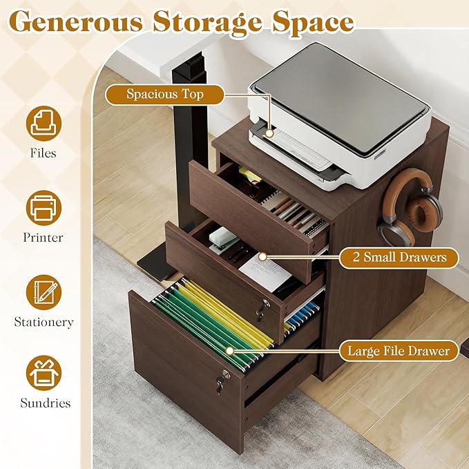 LOKO Mobile File Cabinet with 3 Drawers, Wooden Rolling Filing Cabinet with Lock, Under Desk File Organizer for A4/Letter/Legal Size, for Home Office, Study (Brown)