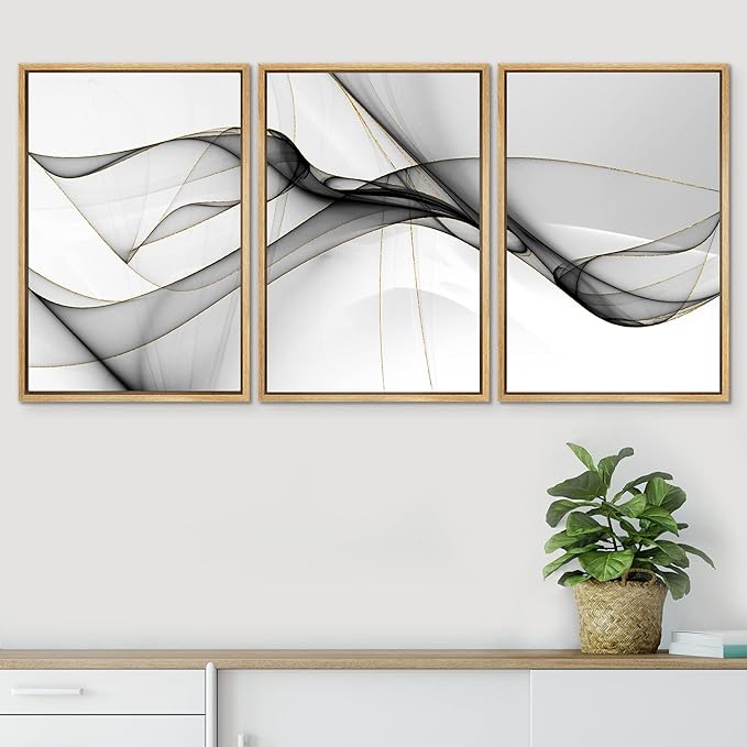 SIGNWIN Framed Canvas Print Wall Art Set Pastel Gray Geometric Smoke Wave Abstract Shapes Illustrations Modern Art Decorative Nordic Zen Chic for Living Room, Bedroom, Office - 24"x36"x3 Natural