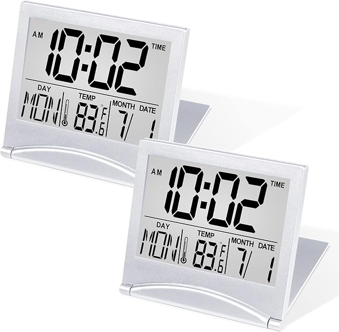 Betus Digital Travel Alarm Clock - Foldable Calendar Temperature Timer LCD Clock with Snooze Mode - Large Number Display, Battery Operated - Compact Desk Clock for All Ages (Silver Pack of 2)