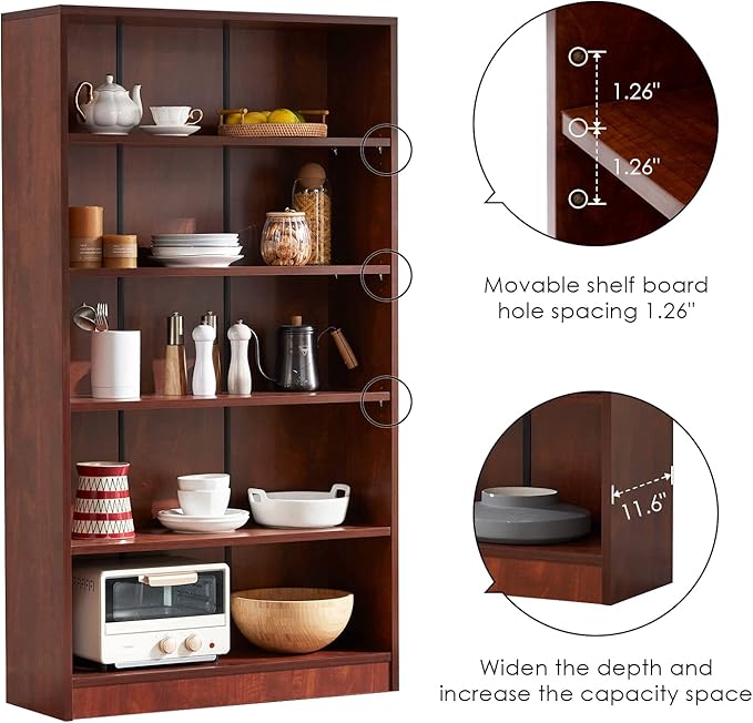 Farini Cherry Bookshelf for Bedroom 5 Shelf Office Bookcase 60 Inches Tall Modern Wood Bookshelf for Living Room 5 Tier Wide Manga Bookshelf Library Bookcase