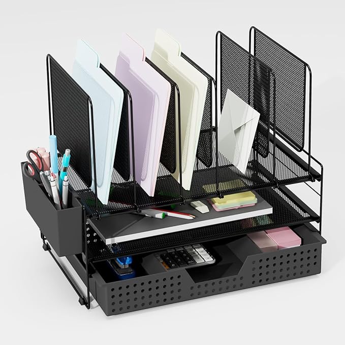 Desk Organizer, Office Organization with Vertical File Holder, File Organizer with Drawer and Pen Holder, Desk Accessories and Workspace Organizers for Home Office (Black)