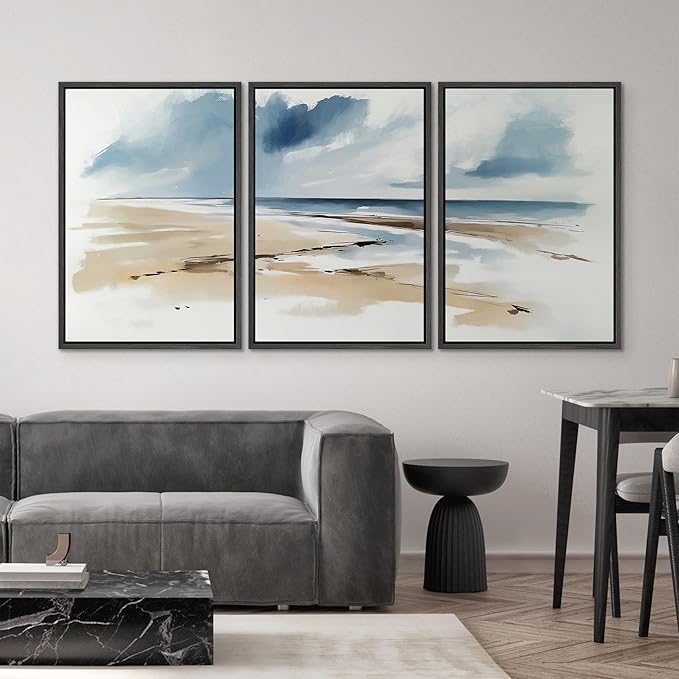 SIGNWIN Framed Canvas Print Wall Art Set Coastal Beach Horizon Blue and Tan Seascape Illustrations Modern Art Decorative Boho Relax/Zen Nordic for Living Room, Bedroom, Office - 16"x24"x3 Black