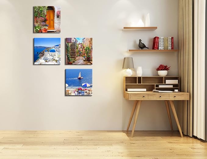 Santorini Greece Canvas Wall Art, Nature Landscape Pictures Print Rustic Scenic Paintings for Bedroom Living Room Office, Wall Decor Modern Artwork