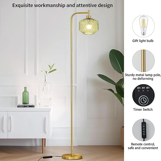 MAYNA Mid Century Modern Floor Lamp, Emerald Green Ribbed Glass Standing Lamp with Built-in Timer Switch, Gold Tall Vintage Lamps for Living Room Bedroom, 2700K LED Bulb Included