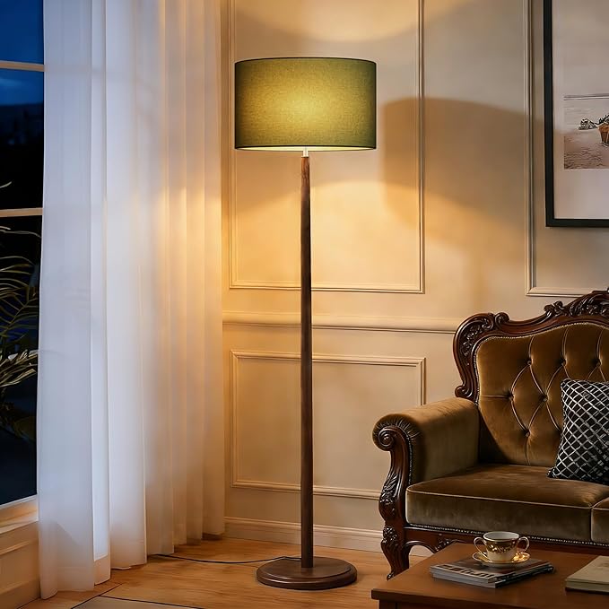 61" Rustic Walnut Wood Floor Lamp for Living Room, Retro Farmhouse Tall Lamp for Bedroom, Mid Century Standing Lamp with Linen Shade for Home Corner, Office, Dining Room, Bulb not Included, Green