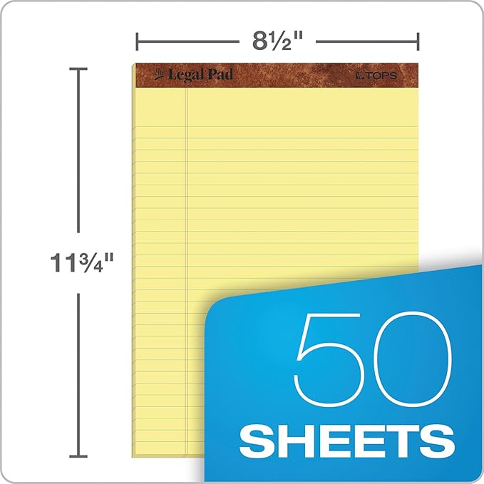 Tops 8.5 x 11.75 Legal Pads, The Legal Pad Brand, Wide Ruled, Yellow Paper, 50 Sheets Per Writing Pad, Made in the USA (7532) 12 Count (Pack of 6)