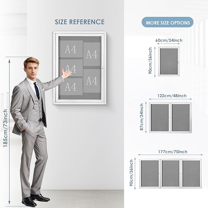 Outdoor Bulletin Board Weatherproof 72x36 in,Enclosed Bulletin Board with Locking Door, Wall Display Case for Office School Home Commercial, Silver Aluminum Frame, Gery Felt