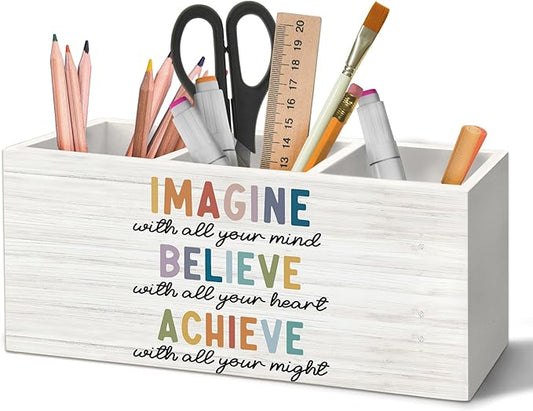 Boho Motivational Pen Holder Organizer for Desk Accessories, Imagine Believe Achieve Positive Wooden Box Sign Desk Decorations for Classroom Office Decor, School Counselor Must Haves