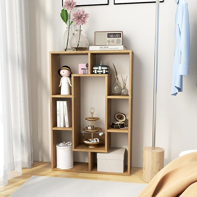 Tangkula 35.5” Geometric Bookshelf, Freestanding Wood Open Bookcase with 7 Cubes, Anti-Toppling Devices, Home Office Décor Rectangular Storage Shelf Display Rack for Study Living Room (2, Natural)
