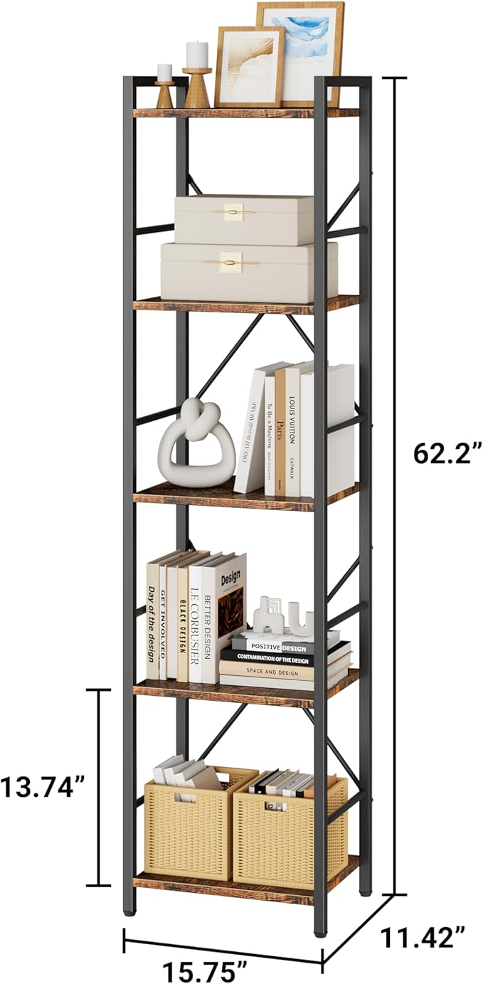 Dunatou 5-Tier Bookshelf, Tall Bookcase with 5 Open Shelves, Metal and Wood Office Book Shelf Bookcase, Standing Storage Organizer Shelf for Bedroom Living Room, Rustic Brown
