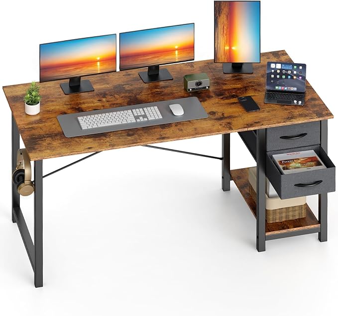 Sweetcrispy 47 Inch Computer Desk with Drawers for Home Office, Writing Desk with X-Shaped Reinforcement, Wood Table with Adjustable Position Drawers, Modern Study Work Table with Side Hook, Rust