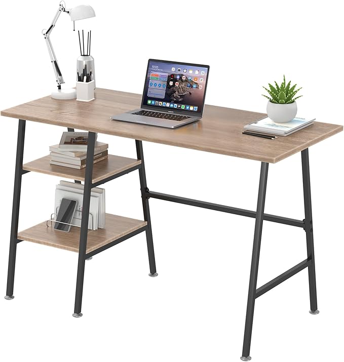 VECELO 43 Inch Computer Home Office Desk, Modern Simple Writing Desk with Storage for Bedroom, Simple Table Modern Student Study Desk,Water Proof, Oak+Black Leg