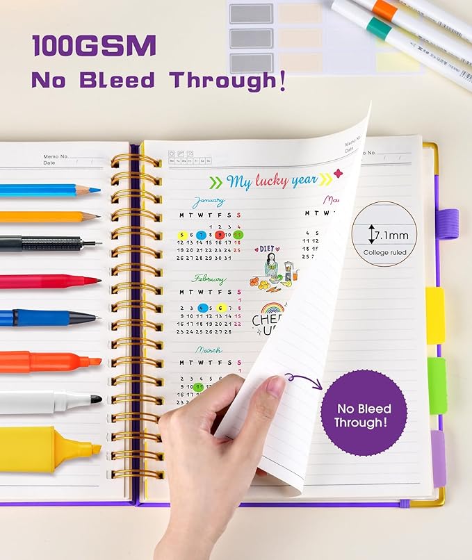 Hardcover Spiral Notebook 8.5"x11" Journal with Removable Dividers Tabs, 300 Pages Leather 5 Subject Notebook College Ruled, Large Notebooks for Work School, Lined Journal for Women, A4 Dark Purple