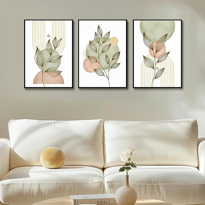 3Pcs Sage Green Boho Canvas Wall Art Modern PinkBotanical Posters Print Abstract With Leafr Pictures Wall Decoration For Living Room Bedroom Bathroom UnFramed