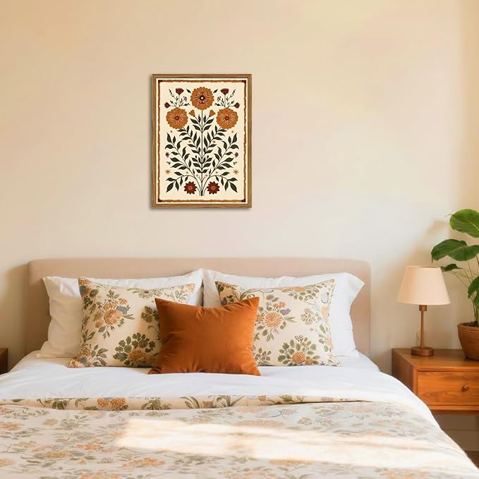 Framed Vintage Mexican Floral Wall Art, Boho Flower Pictures Wall Decor, Folk Marigolds Botanical Paintings Canvas Prints Rustic Home Decor for Living Room Bedroom 12x16 inch