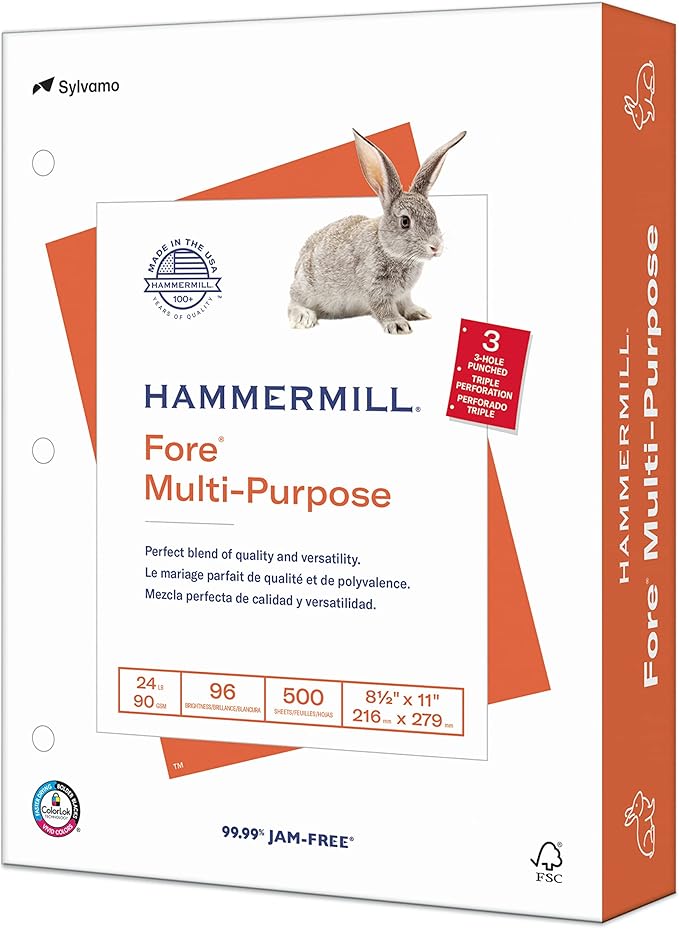 Hammermill Paper, Fore Multipurpose Paper, 8.5 x 11 Paper, Letter Size, 3 Hole, 24lb Paper, 96 Bright, 1 Ream / 500 Sheets (101287R) Acid Free Paper