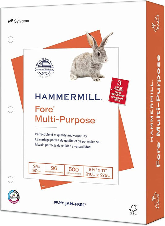 Hammermill Paper, Fore Multipurpose Paper, 8.5 x 11 Paper, Letter Size, 3 Hole, 24lb Paper, 96 Bright, 1 Ream / 500 Sheets (101287R) Acid Free Paper