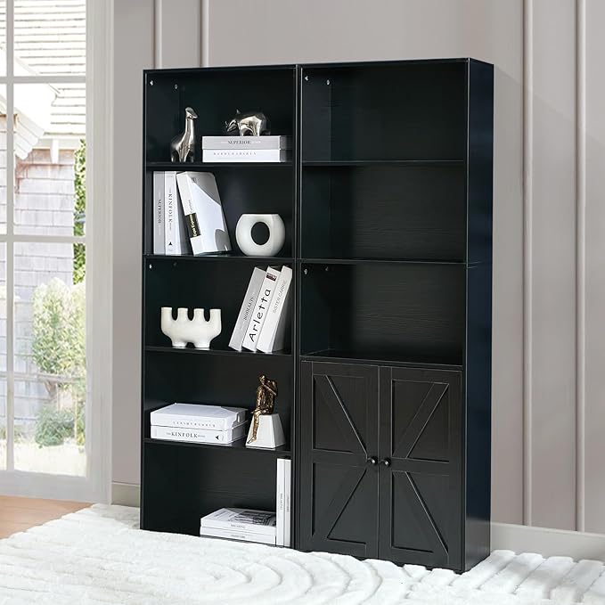 Black 5-Tier Bookshelves for Living Room, Farmhouse Tall Bookcase with Doors, Wooden Bookshelf with Storage Cabinet and Shelves for Living Room, Home Office