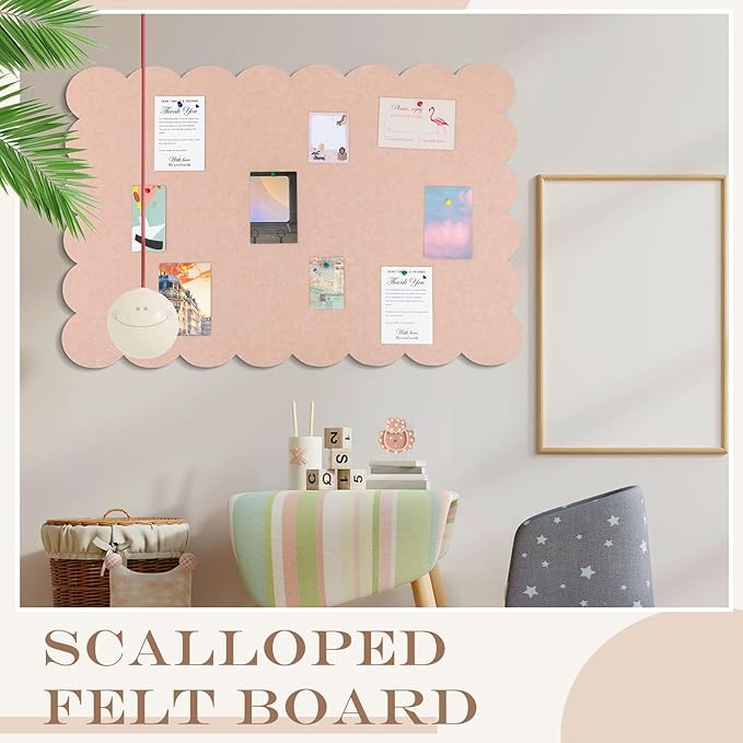 Scalloped Felt Bulletin Board 48 x 36 Inches Foldable Flesh Pink Pin Cork Board Alternative for Wall, 4' x 3' Trifold Picture Vision Self Adhesive Bulletin Decorative