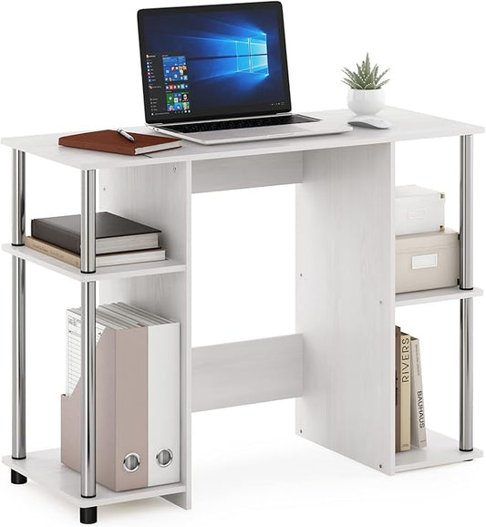 Furinno JAYA Desk, 38.4" Wide Gaming Desk, Computer Study Desk, Office Desk with Side Shelves, Open Storage, for Home Office, Bedroom, Dorm, Study Room, White Oak/Stainless Steel