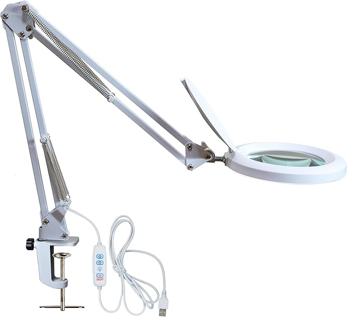 (New Model) Neatfi LED Magnifying Lamp with Clamp | 2.25x Magnification | 120 SMD LEDs | 1,200 Lumens | 12W | Adjustable Color Temperature Desk Lamp Magnifier (White, 5-Inch Lens, 5 Diopter)
