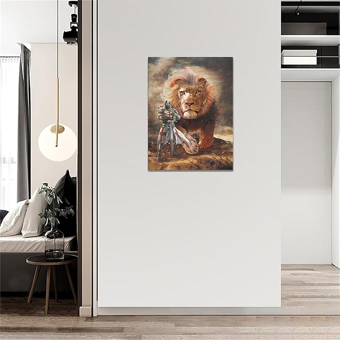 yerretin Christian Lion Of Judah Wall Art Lion Warrior Pictures Wall Decor Religious Knight Canvas Painting Home Decorations Artwork for Bathroom Bedroom Living Room Office Framed 12"x16"