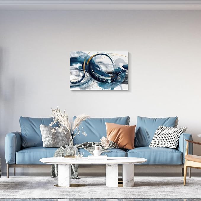 gaosoul Modern Abstract Canvas Wall Art Dynamic Blue Gold Lines Doodled on White Background Paintings Framed Minimalism Artwork Prints for Living Room Bedroom Office Decor 36x24in