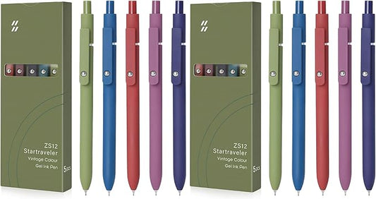 FIOVER Gel Pens, 5pcs 0.5mm Quick Dry Black Ink Fine Point Smooth Writing Pens High-End Series Ballpoint for Office School Supplies(Retro color) (Pack of 2)