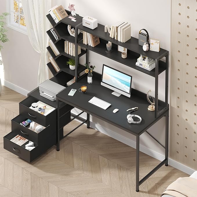 Reversible Computer Desk with Hutch, Home Office Desk with Drawers and Bookshelf, 52'' Study Writing Desk with Storage Shelves for Bedroom Home Office, Black