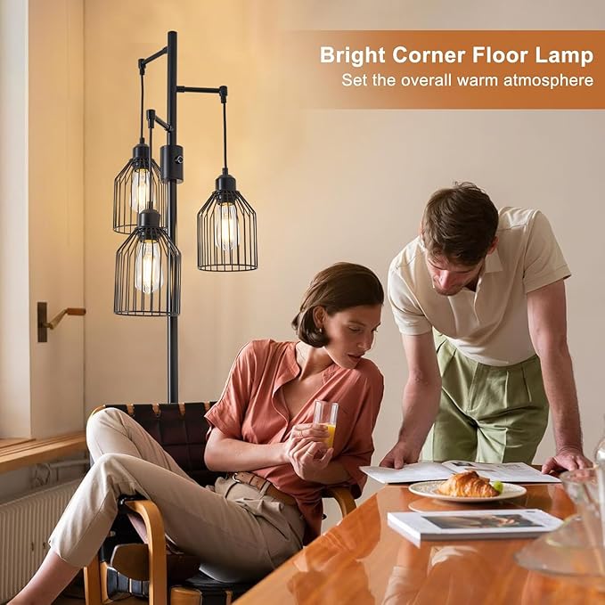 Dimmable Floor Lamp for Living Room, Farmhouse Floor Lamps with Elegant Hanging Cage, 3 x LED Edison Bulbs Included, 68.5" Industrial Standing Light for Bedroom Office Home Decor (Black)